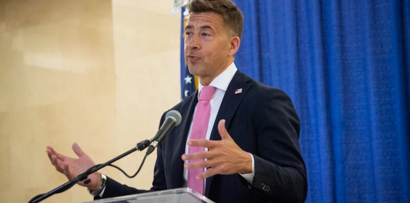 Secretary of State Alexi Giannoulias speaks at an event in Springfield in May 2025.