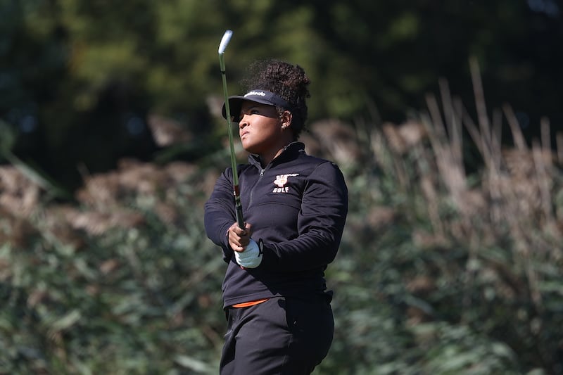 Plainfield East’s Taylor Miller follows her shot during the 2024 postseason at Whitetail Ridge Golf Course.