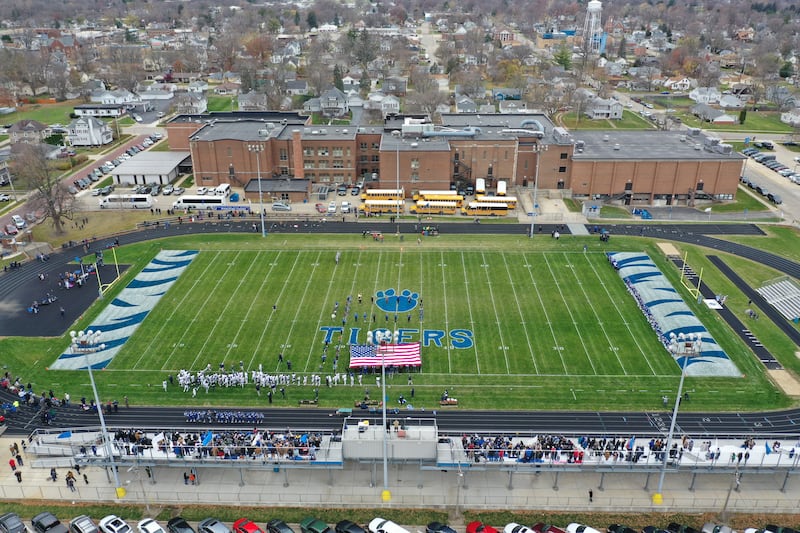 An aerial view of Bryant Field as the Tigers take the field against IC Catholic in the Class 3A Quarterfinal game on Saturday, Nov. 12, 2022 in Princeton.