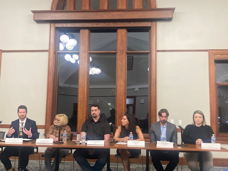 Candidates running for the District 86 and District 204 school boards speak at the Joliet Public Schools candidate forum at the Joliet Public Library on Wednesday, Feb. 26, 2025.