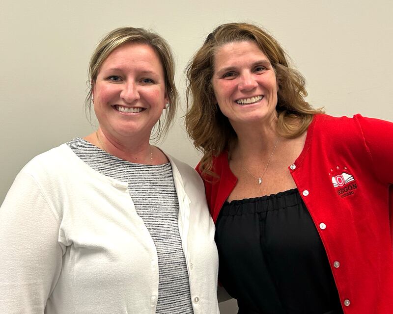 Outgoing Oregon Junior/Senior Principal Heidi Deininger (right) poses with incoming principal Jen Speakes on Wednesday, April 22, 2025. Deininger is leaving the Oregon district to o be the superintendent at West Carroll School District. Speakes will begin her Oregon duties this summer.