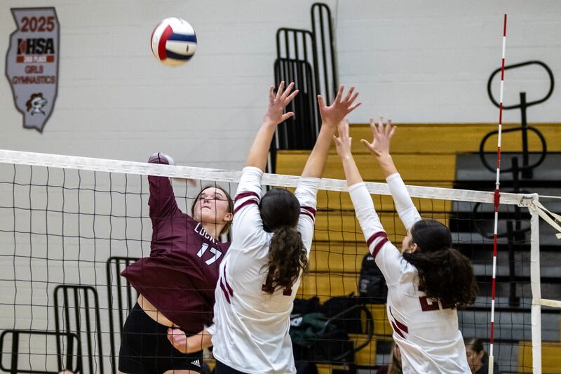 Lockport's Bridget Ferriter goes up for the kill during the 4A L-W Central Regional varsity volleyball game against Plainfield North at Lincoln-Way Central on Oct. 30, 2025.
