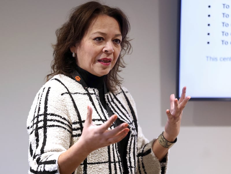 DeKalb School District 428 Superintendent Minerva Garcia-Sanchez speaks Wednesday, Jan. 22, 2025, during the grand opening celebration of the Beyond One Barb Transition Center in DeKalb. The transition program has been in place to facilitate students with intellectual and developmental disabilities aged 18-22 into adulthood and independent living.