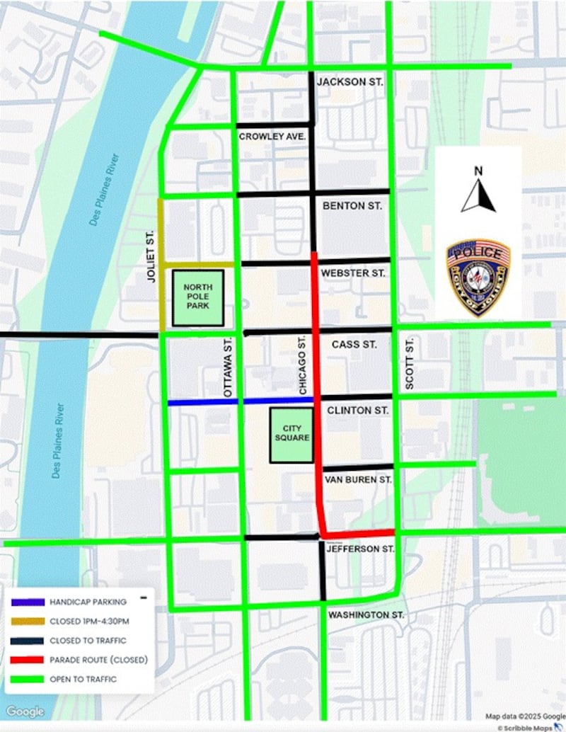 Map of street closures for the Joliet Light Up the Holiday parade and festivities on Friday, Nov. 28, 2025.