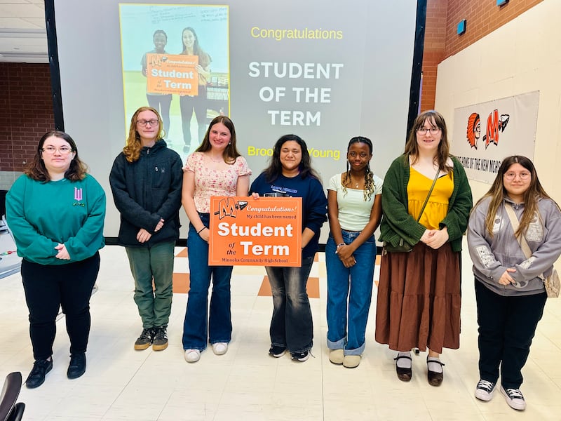 Eight Minooka Community High School Students of the Term honorees were recognized in the school cafeteria on Thursday, May 7, for classroom excellence, improvement, and character. Pictured are junior Jocelyn Ortiz, junior Benjamin Pierce, freshman Katelyn Muntwyler, sophomore Allison Pineda, senior Addison Davis, freshman Brooklynn Young, senior Olivia McGraw, and sophomore Kathryn Brown. The students were nominated by teachers across all departments and celebrated at a recognition breakfast.