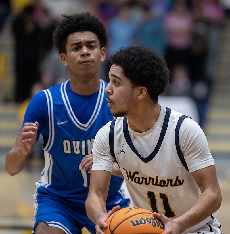 Sterling’s Quincy Maas handles the ball against Quincy Friday, Jan. 30, 2026.
