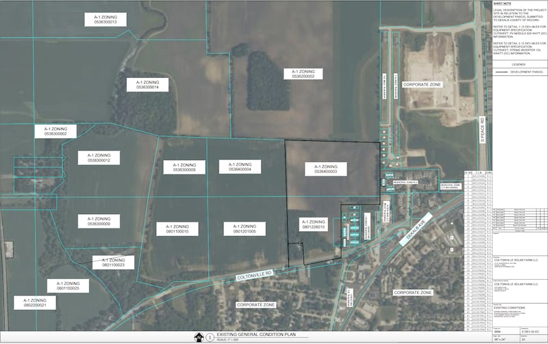 Documents submitted to DeKalb County as part of a request for a special use permit for the Coltonville Solar Farm show that the facility will largely be built north of the Coltonville Road and Electric Park Drive intersection.