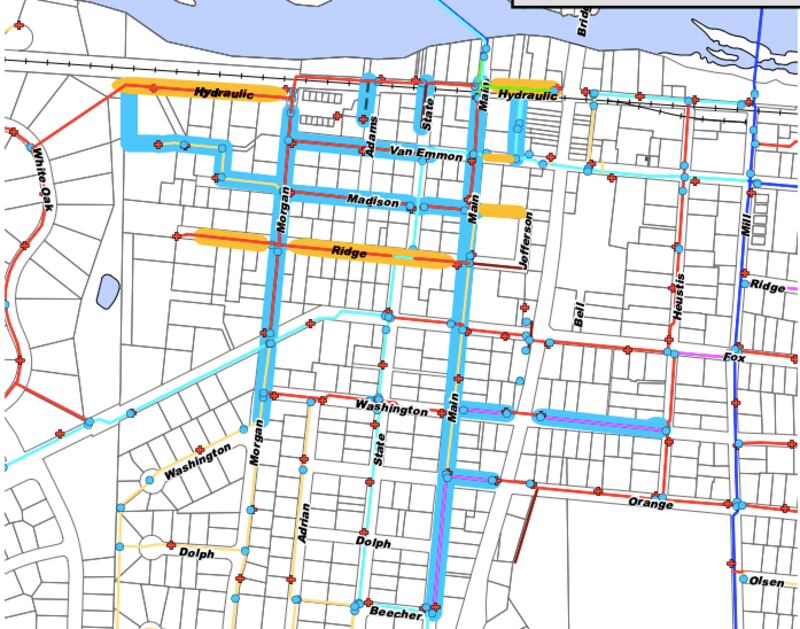 The $4.7 million 2025 Water Main Replacement Program in Yorkville will be funded mostly by a state loan. Pictured, the existing water mains in the downtown area that are highlighted blue are slated for replacement.