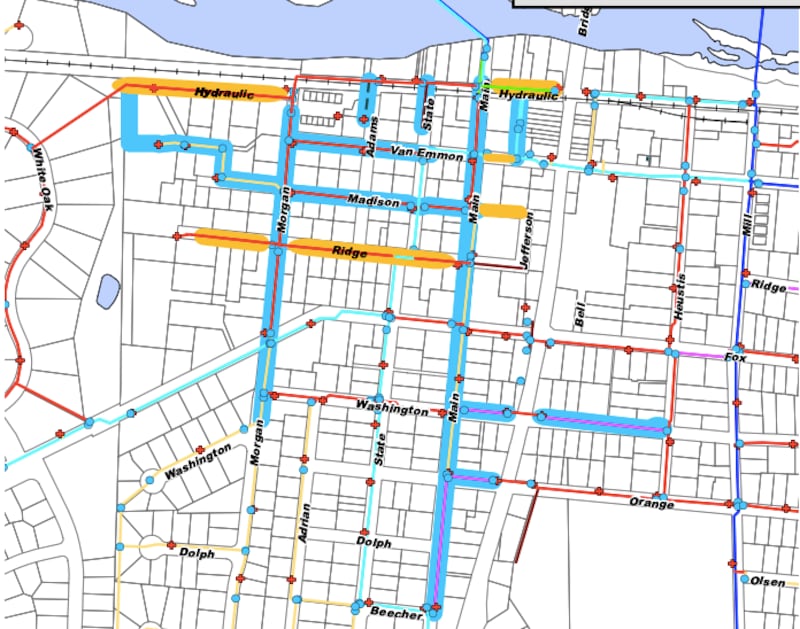 The $4.7 million 2025 Water Main Replacement Program in Yorkville will be funded mostly by a state loan. Pictured, the existing water mains in the downtown area that are highlighted blue are slated for replacement.