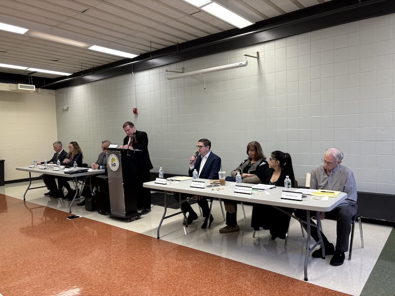 Candidates (from left): Andrew Fekete, Corine Burns, Paul Troy, Richard Bobby III, Dana Wiley, Melissa Maiorino and Jim Hollich participate in the Huntley District 158 candidate forum in Huntley Saturday March 1, 2025.