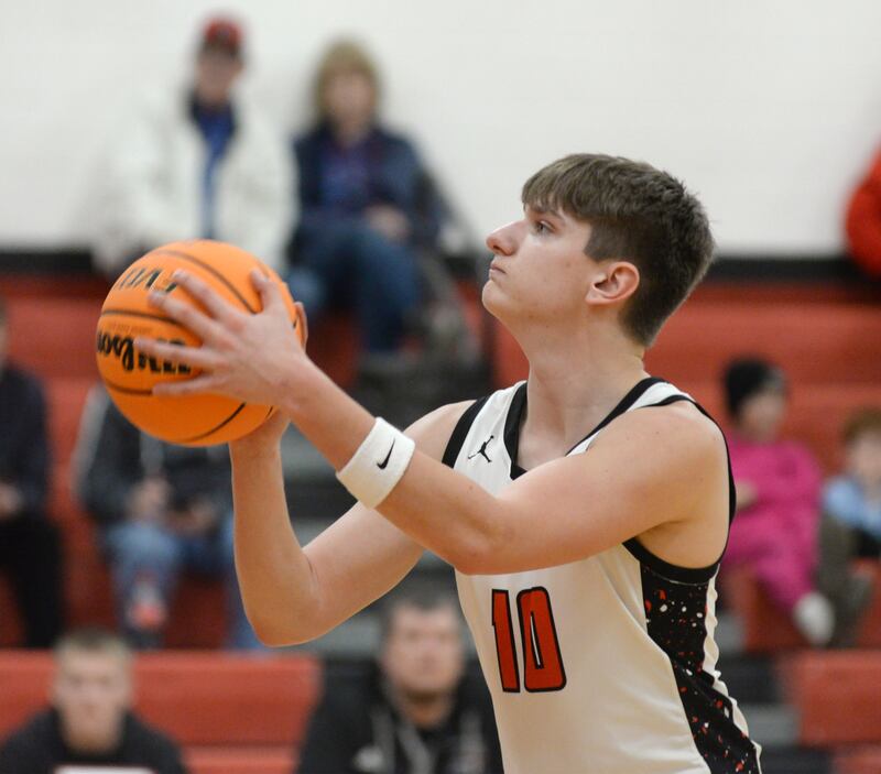 Fulton's Landen Leu (10) shoots a free throw against Forreston during a Friday, Dec. 27, 2024 game at the Cliff Warkins Memorial Basketball Tournament at Erie High School.