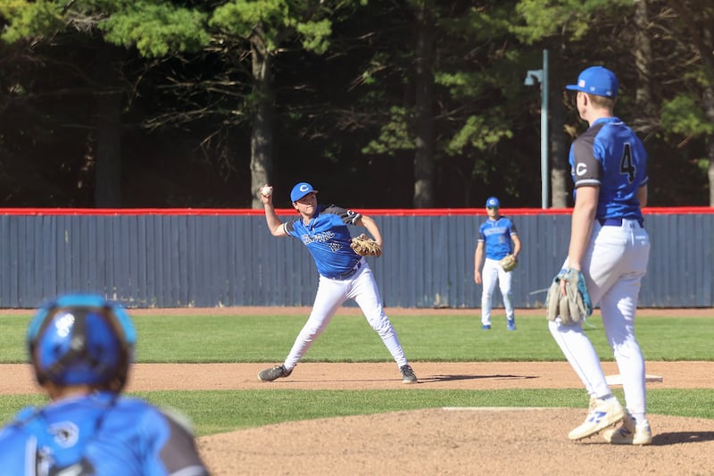 Clifton Central's Blake Chandler throws to first base for an out during Central's 8-4 victory over Kankakee on Monday, May 11, 2026.