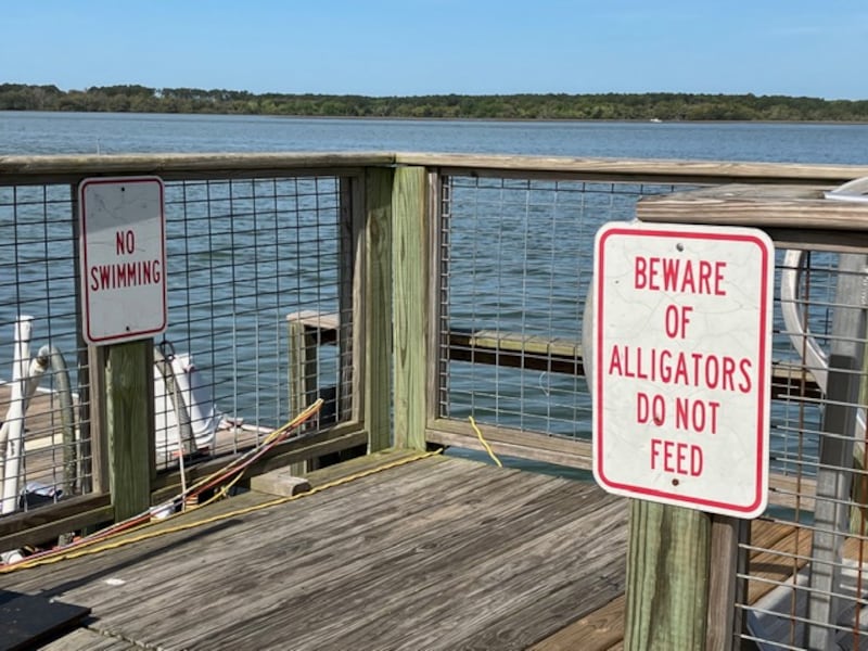 A picture taken on a wharf that was used for fishing boats in South Carolina displays two signs.