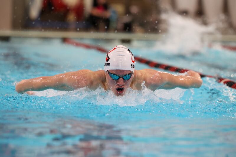 Bradley-Bourbonnais' Eli Swafford competes in the 100-yard butterfly race during the All-City meet on Tuesday, Jan. 6, 2026.