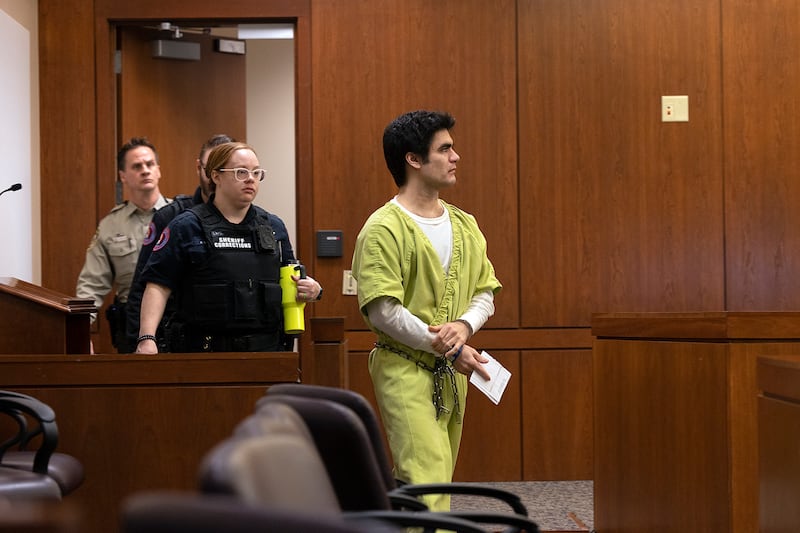 Jonathon Gounaris enters the Ogle County courtroom Monday, March 17, 2025, for a hearing. Gounaris is charged with four counts of attempted murder of police officers.