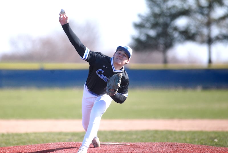 Burlington Central’s Sam Maglares pitches during a game against St. Charles North on Tuesday, April 8, 2025 at Burlington Central.