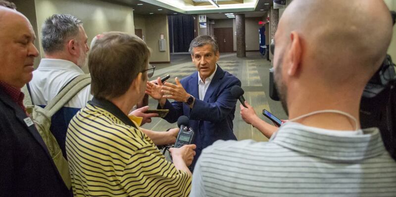 Ted Dabrowski, president of the conservative media outlet Wirepoints, speaks to reporters after telling fellow Republicans he plans to announce a bid for governor soon.