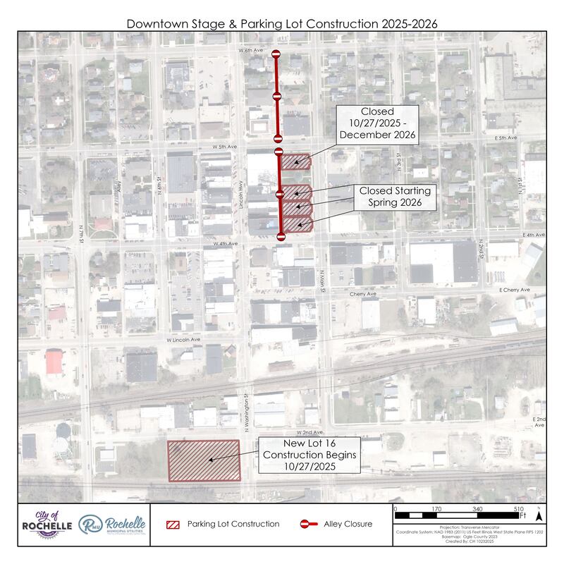 Construction is set to begin on Rochelle’s downtown stage, outdoor gathering space and parking lots on Monday, Oct. 27.