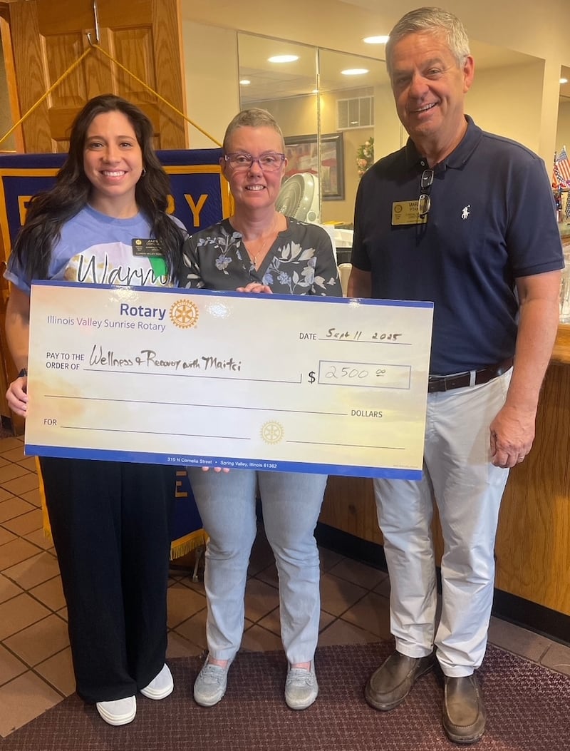 Maitri Wellness business outreach officer Jaden Corsolini (from left), Maitri Wellness founder Kelly Jones, and Illinois Valley Sunrise Rotary Club president Mark Ptak