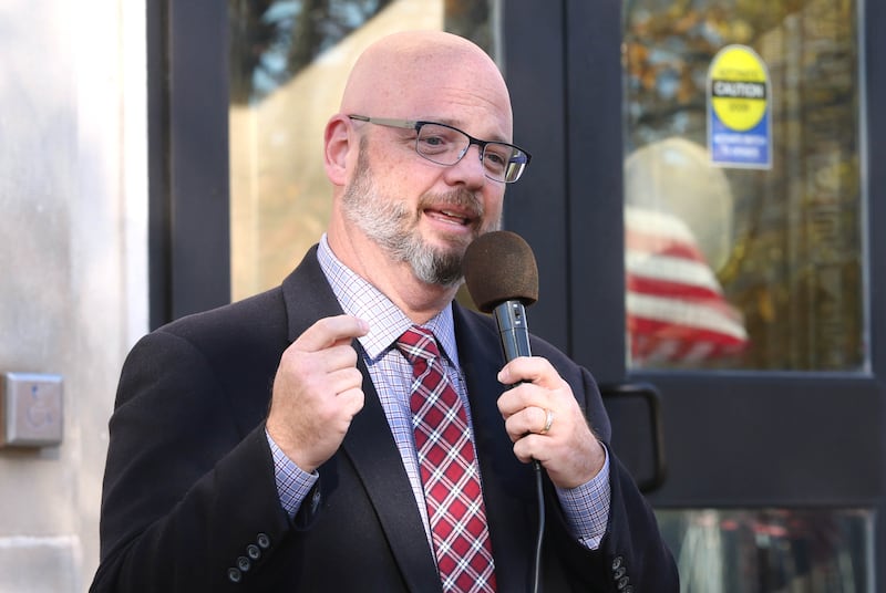 State Rep. Jeff Keicher, R-Sycamore, speaks Friday, Nov. 5, 2021, during the opening ceremony for the 24-hour Veterans Vigil in front of the DeKalb County Courthouse in Sycamore. The vigil runs from 3:30 p.m. Friday, Nov. 5, through 4 p.m. Saturday, Nov. 6. A veteran will be standing guard at the courthouse during those hours in honor of the upcoming Veterans Day.