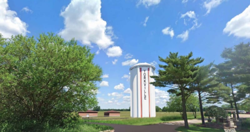 An architectural rendering of the to be constructed 138-foot water tower in Yorkville at the site of the south receiving station.