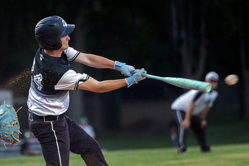 Rock Falls’ Owen Mandrell drives the ball against Erie-Prophetstown Wednesday, May 27, 2026, at the Class 2A Rock Falls baseball regional.