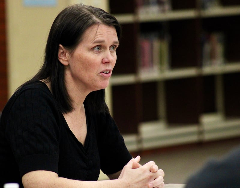 Sara Dail, assistant superintendent, provides an update on SPS University to the Sterling Public Schools board of education on Wednesday, Feb. 22, 2023, at the high school library