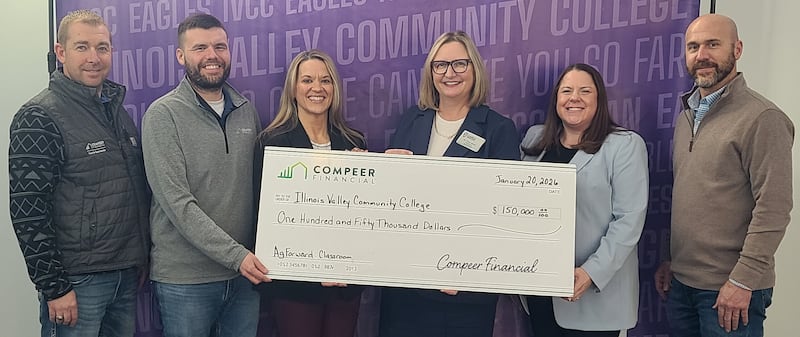 Compeer Financial officers Jacob Chapman and Evan Wixom, Compeer Giving manager Karen Schieler, and insurance officer Ryan Leifheit presenting a $150,000 donation to Illinois Valley Community College president Tracy Morris and Illinois Valley Community College Foundation executive director Tracy Beattie