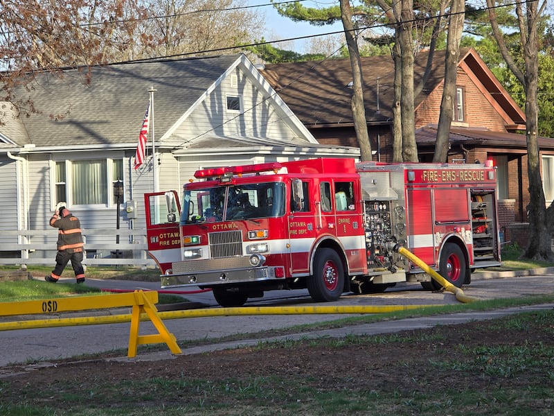 Ottawa firefighters respond Monday, April 14, 2025, to a garage fire on St. James Street between Ottawa Avenue and Douglas Street.