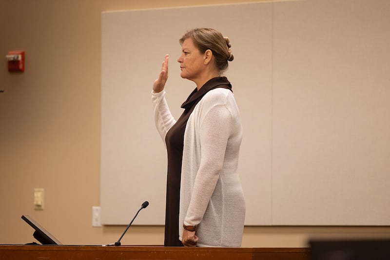 Jodie Wiederkehr takes the stand Tuesday, June 16, 2026 during her trial in Ogle County Court. Wiederkehr is being charged with disorderly conduct and telephone harassment stemming from a false report of a shooting at a Rochelle area rodeo.