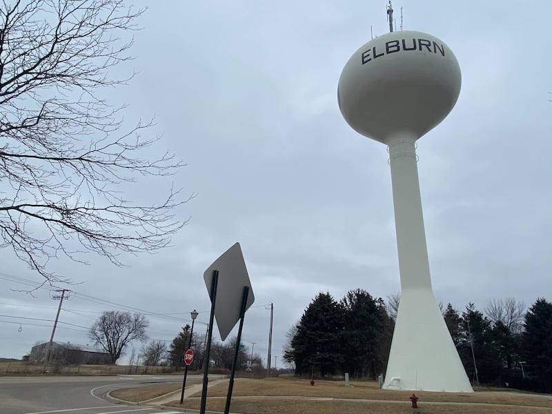 A water tower in Elburn just off Illinois Route 47 on Saturday, Feb. 21, 2026.