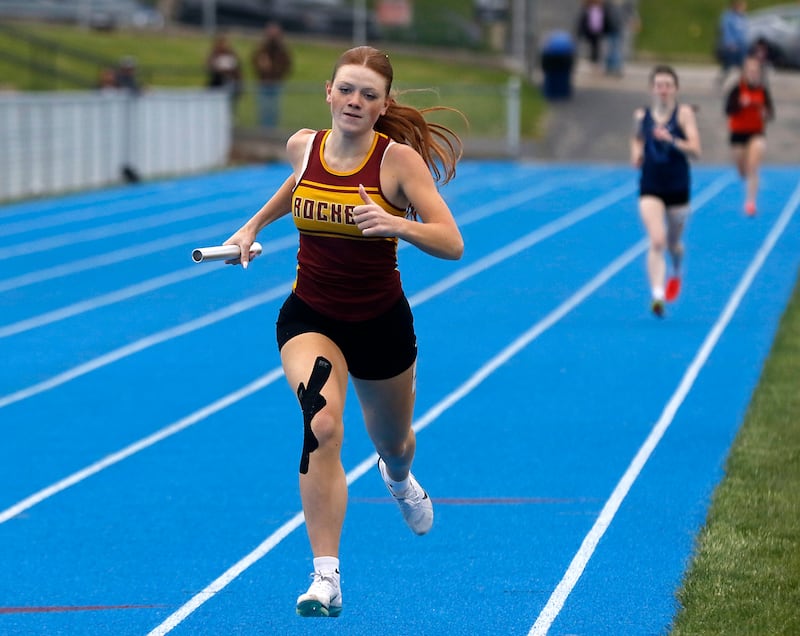 Richmond-Burton’s Emerson Wold runs the last leg of the 4X800 meter relay during the Kishwaukee River Conference Girls Track and Field Meet on Tuesday, May 5, 2025, at Woodstock High School.