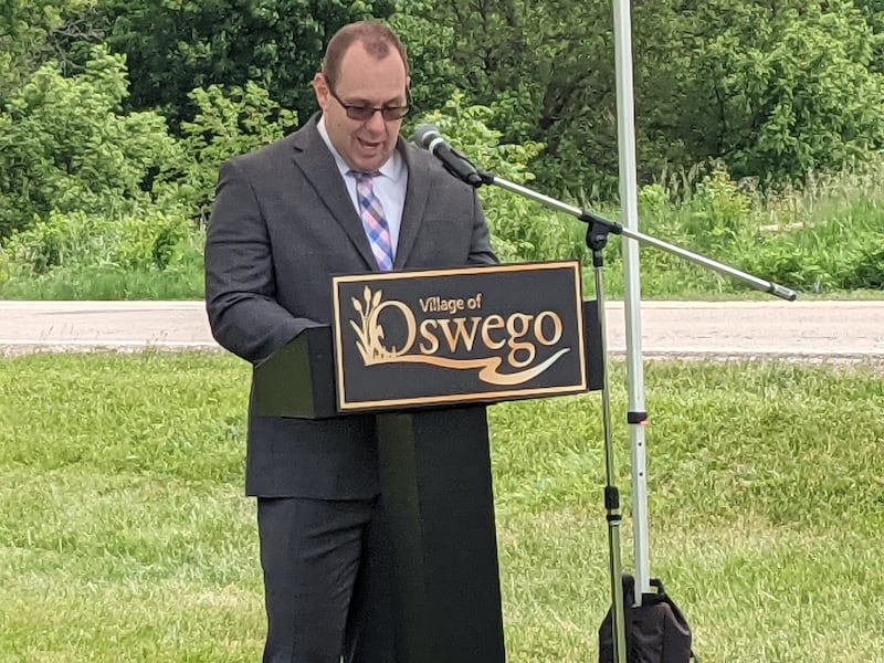Oswego Village President Ryan Kauffman spoke during a June 2 groundbreaking ceremony for the Minkler Road Bridge replacement and realignment project.