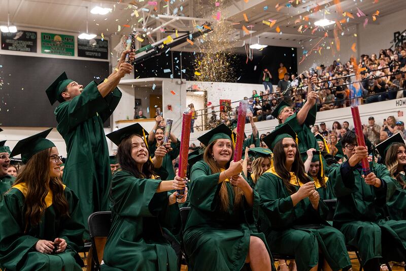 Confetti cannons go off as the Rock Falls High School Class of 2025 is announced Sunday, May 18, 2025, during commencement.