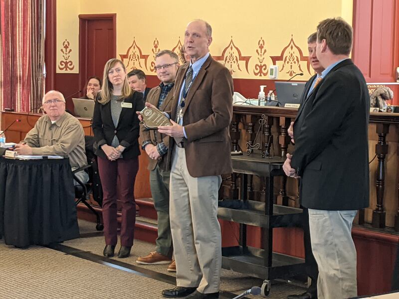 At the Feb. 18 Kendall County Board meeting, Kendall County Economic Development Coordinator Todd Volker, center announced the inaugural recipients of the Made in Kendall designation.