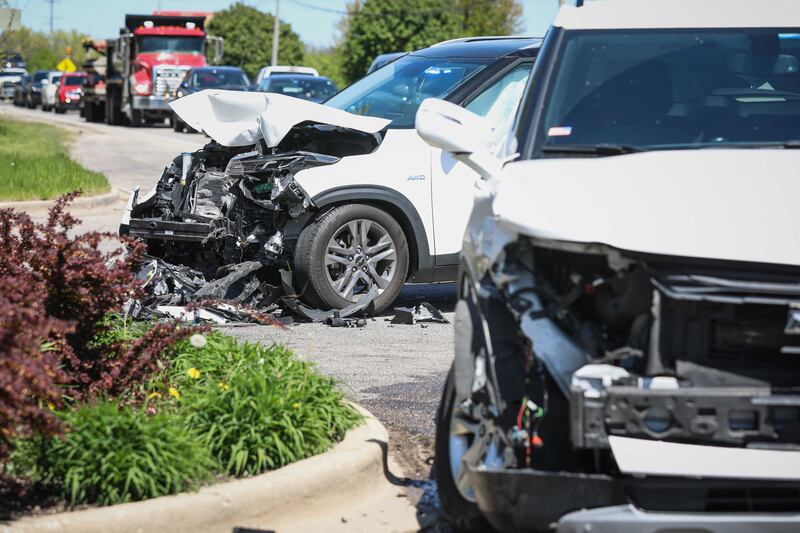 Traffic on Route 176 at Prairie Grove backed up on Thursday, May 8, 2025, following a two-vehicle crash at the entrance to Prairie Isle Golf Course. Minor injuries were reported.