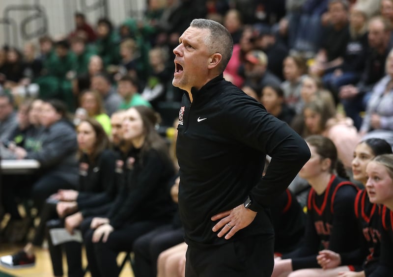 Huntley Head Coach Steve Raethz watches hit team play Crystal Lake South during a Fox Valley Conference girls basketball game on Friday, Jan. 30, 2026, at Crystal Lake South High School.