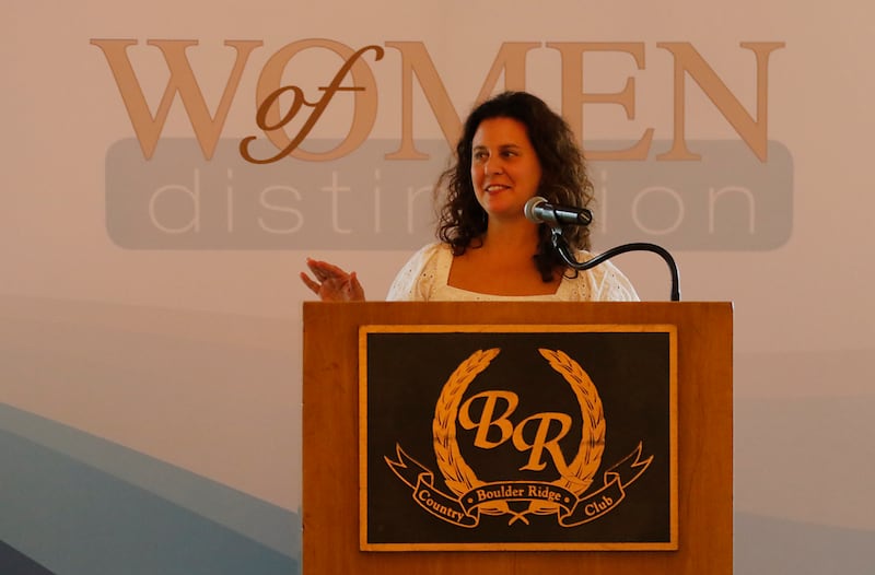 Award recipient Denise Smith speaks during the Northwest Herald's Women of Distinction award luncheon Wednesday June 4, 2025, at Boulder Ridge Country Club, in Lake in the Hills. The luncheon recognized ten women in the community as Women of Distinction.