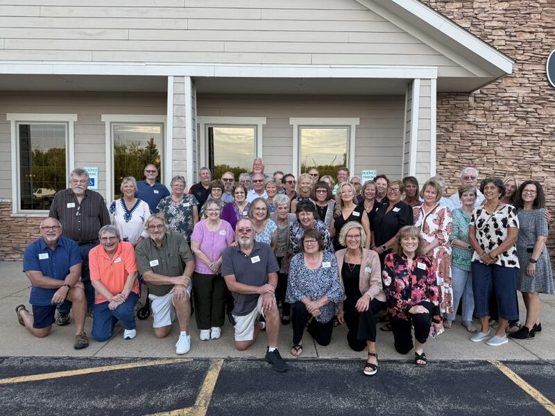 The Prophetstown Class of 75 reunion had their dinner on Sept. 20 at the Candlelight Inn in Rock Falls. First row, left to right: Bryan Poulter, Tony Bertolozzi, Neil Johnson, Tom Schroeder, Joanie (Thicksten) Stewart, Deb (Martin) Howard, and Teresa (Burnett) Keag; second row, in middle: Karen (Johnson) Rhodes, Joanne (Dever) Olson, JoEllen (Hummel) Morphew, and Laura (Ashpole) Hawk; third row: Curt Kolb, Darla (Eyrich) Corbin, Marge (Rick) Lanphere, Kim (Benson) Egan, Carol (Turner) Troxtell, Laurie (Morris) Westfall, Glenda (Scharer) Clouatre, Cathy (Hill) Mitchell, Debbie Wilson, Pat (Heaton) Friedrichs, Joleen (Lewis) Batten, Libby (Glazier) Timmons, Gail Williamson, Donna (Dugosh) Moore, Cheri (Holmberg) Rhodes, and Sally (Ottens) Heffernan; fourth row: Ed Cooper, Mary (Morris) Vahle, Dan Hansen, Tom Finnicum, Judy (Larson) Walter, Doug Robinson, Vicky (Montee) Stokes, Kaye (VanDeWostine) Coers, Cathy (Sandrock) Hinrichs, and Learl McDonald; fifth row: Dan Castle, Mark Tenboer, Jeff Mosher, Kevin McKenna, Bruce Strike, and Mark Melton. Not pictured – Jeff Sibley.