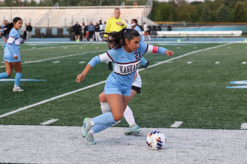Kankakee's Jocelyn Sanchez evades an Oak Forest defender during the Kays' 3-1 loss in the IHSA Class 2A Kankakee Regional championship on Friday, May 23, 2025.