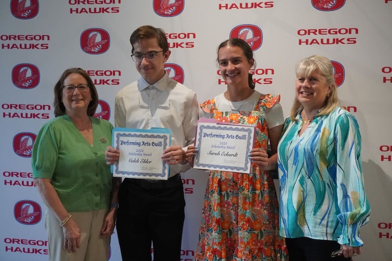 Caleb Ehrler and Sarah Eckardt were awarded the 2026 Performing Arts Guild scholarship at the recent Oregon High School Awards Ceremony. Making the presentation were Pam Ballard and Jennifer Bakener of the Performing Arts Guild. Also receiving a scholarship but unable to attend was Collin Kendall.