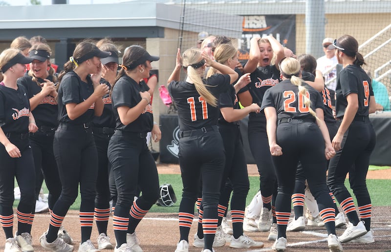 Members of the Lincoln-Way West softball team react after defeating Marist during the Class 4A State semifinals on Friday, June 5, 2026 at the Louisville Slugger Sports Complex in Peoria.