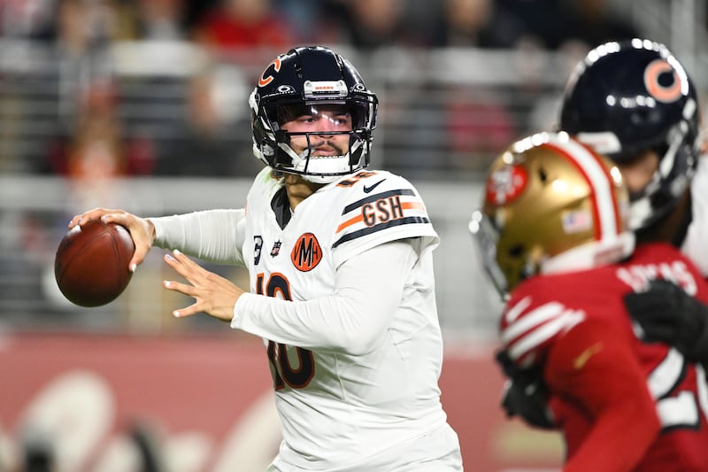 Chicago Bears quarterback Caleb Williams passes against the San Francisco 49ers during the second half of an NFL football game in Santa Clara, Calif., Sunday, Dec. 28, 2025. (AP Photo/Eakin Howard)