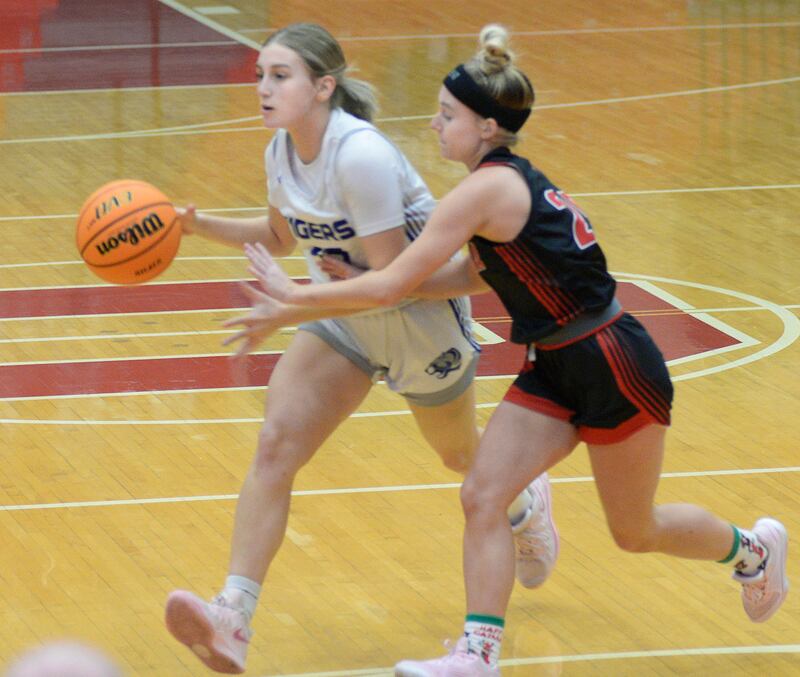 Princeton’s Jocelyn Strouss tries to drive past Metamora’s Jalyn Ledbetter in the 2nd period Tuesday at the Ottawa Holiday Tournament.