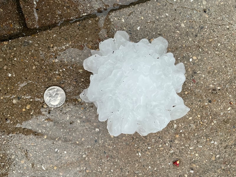 Hail that fell from the sky in West Kankakee Tuesday was quite a bit larger than a quarter, with reports of hail as large as a tennis ball on Tuesday, March 10, 2026.