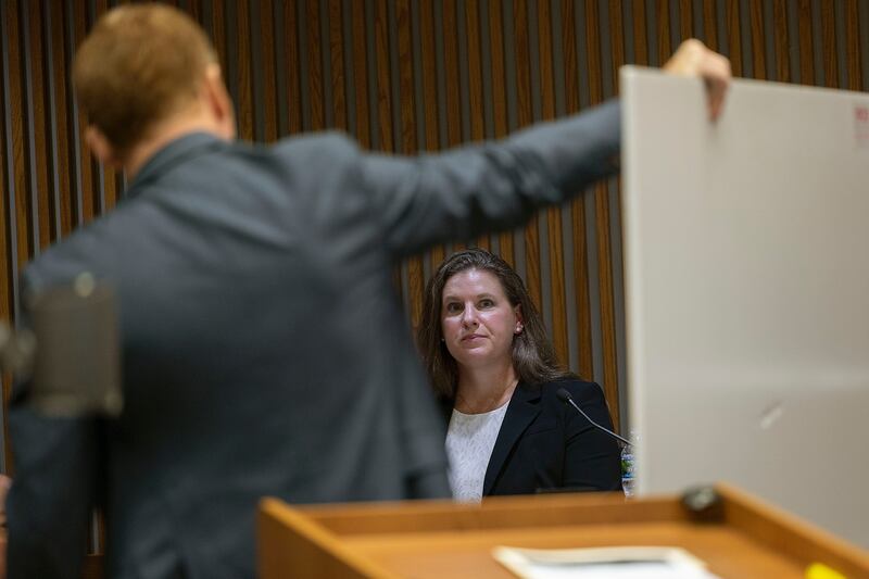 Dr. Wendy Sanders testifies Friday, Nov. 7, 2025, in the Ramos wrongful death civil trial at the Whiteside County Courthouse in Morrison. Sanders is an expert in fire and smoke mechanics and explained the events that unfolded at a Dec. 3, 2021, house fire in Rock Falls. Sterling Fire Lt. Garrett Ramos died while fighting the fire.