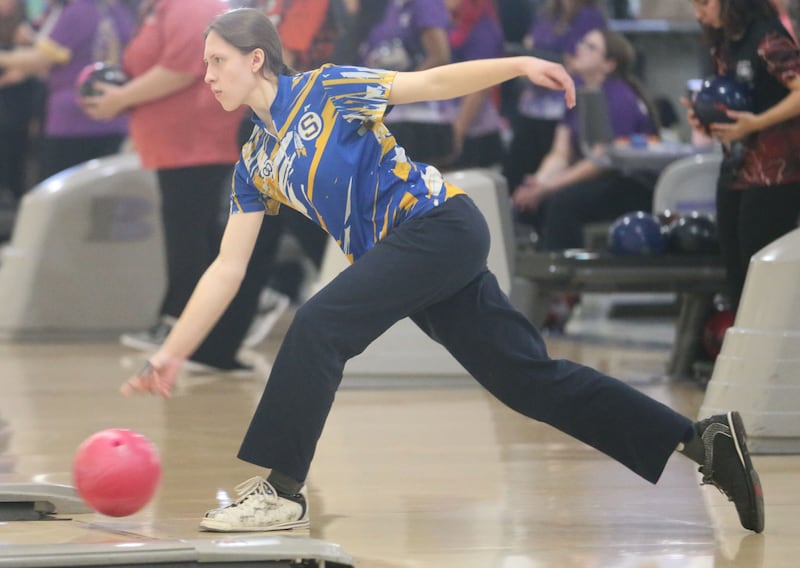 Sterling's Sarah Doughty bowls during the IHSA girls bowling Regional meet on Friday, Feb. 6, 2026 at the Illinois Valley Super Bowl in Peru.