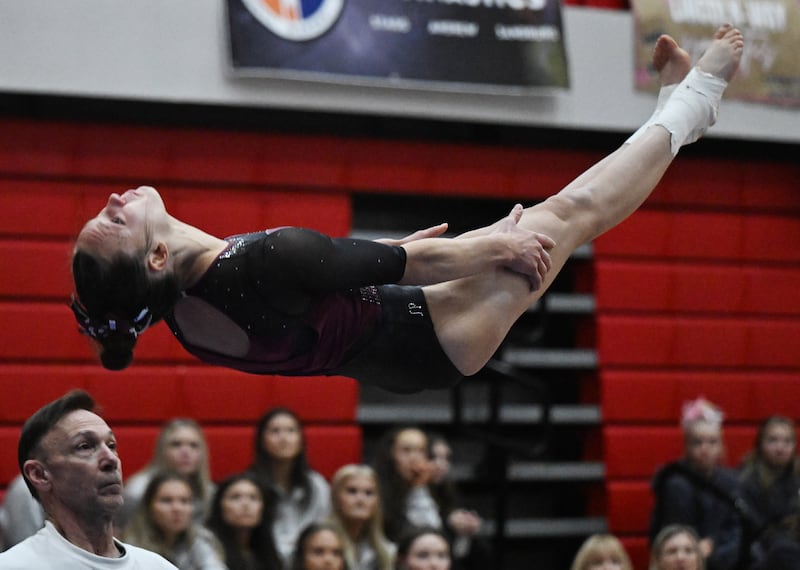 Nora Terhaar of Prairie Ridge competes on vault during the girls state gymnastics meet at Palatine High School on Saturday, Feb. 21, 2026.
