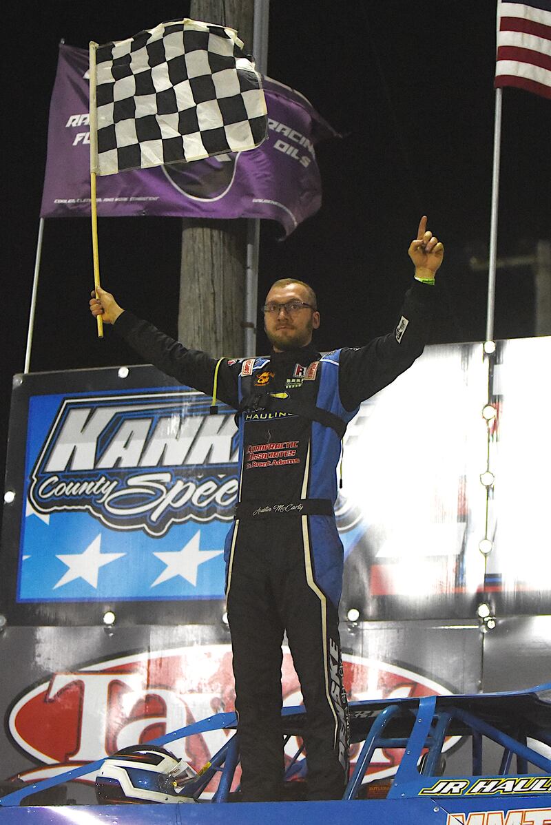 Austin McCarty celebrates in victory lane after winning the pro late model feature at Kankakee County Speedway Friday, May 16, 2025.