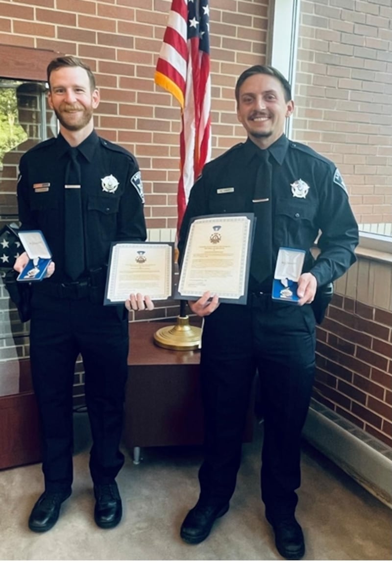 The Antioch Police Department formally recognized Officers Mathew Hart (right) and Patrick Conrad (left) with the
department’s Life Saving Award and Medal for their actions in two separate medical emergencies that directly contributed to saving human lives.